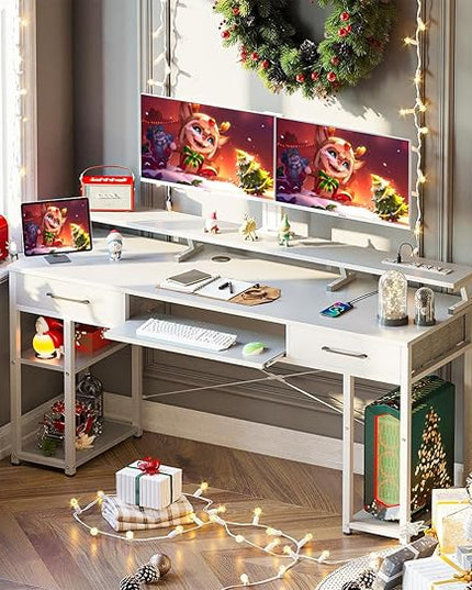 ODK Computer Desk with Drawers & Power Outlet, 63 Inch Office Desk with Keyboard Tray & Storage Shelves & PC Stand, Large Office Table Work Desk with Monitor Stand, White - LeafyLoom