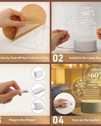 60th Birthday Gifts for Women, 60th Birthday Decorations for Woman -Night Light, 60 Year Old Gifts for Women, Gifts for Women Turning 60, 60th Birthday Gift Ideas - LeafyLoom