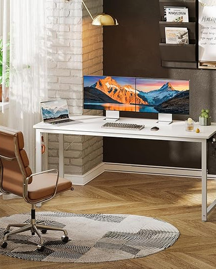 ODK Computer Desk Large Office Desk, 55 Inch Gaming Desk with Storage, Modern PC Desk Work Table with Headphone Hook for Home Office, White + White Leg - LeafyLoom