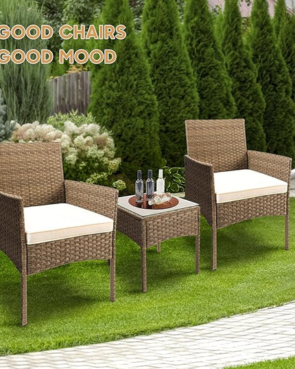 YIYAN 3 Pieces Patio Bistro Set Outdoor Wicker Furniture Outdoor Porch PE Rattan Wicker Chairs Furniture Sets with Sofa Chairs,Glass Coffee Table and White Washable Cushion - LeafyLoom