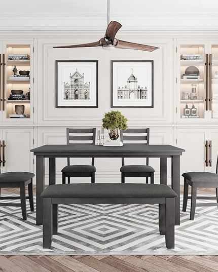 RITSU 6-Piece Solid Wood Dinette Sets includes Rustic Kitchen Dining Table, 4 Upholstered Chairs & Bench, for Diningroom Living Room, Easy to Assemble, Gray 2 - LeafyLoom