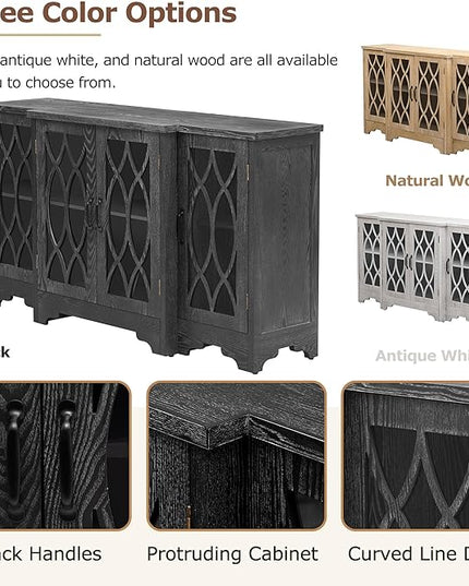 58" Retro Sideboard Glass Door with Curved Line Design,Wood Ample Storage Cabinet,W/Black Handle and Three Adjustable Shelves,for Dining Living Room Entryway - LeafyLoom