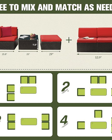 Greesum 2 Piece Patio Conversation Set Wicker Rattan Furniture Outdoor Sofa with Cushions,Pillows and Glass Table for Porch,Lawn and Yard, Red - LeafyLoom