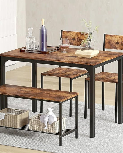 DlandHome Dining Table with 2 Chairs and 1 Bench Dining Room Sets Dining Table and Chairs Set,Rectangular Space-Saving Dinner Table with Two Benches for Kitchen,Retro - LeafyLoom