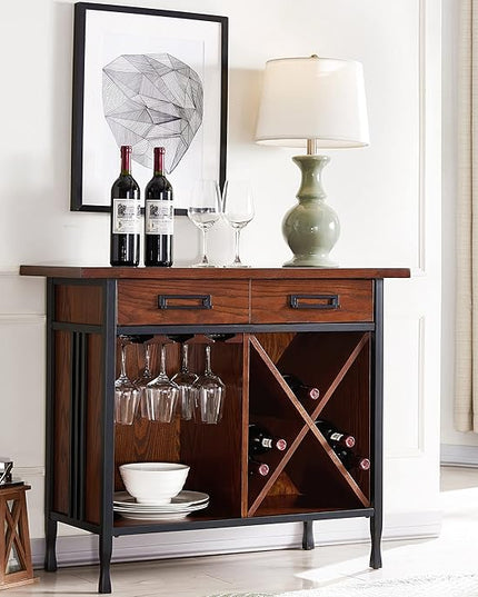 Leick Home 11240 Ironcraft Rustic One Drawer Mini-bar/Wine Stand with Glass and Bottle Storage, Mission Oak, 16 x 36 x 30 - LeafyLoom