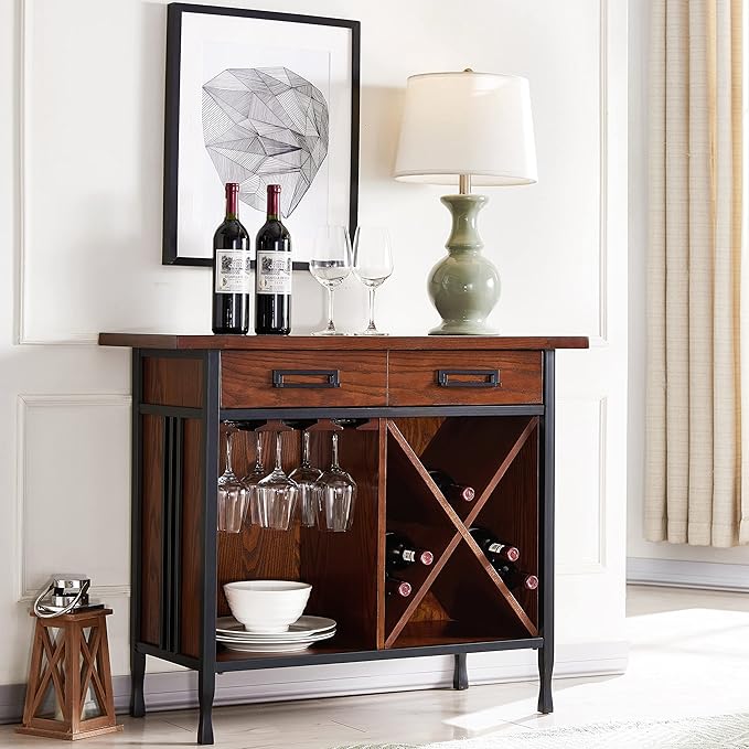 Leick Home 11240 Ironcraft Rustic One Drawer Mini-bar/Wine Stand with Glass and Bottle Storage, Mission Oak, 16 x 36 x 30 - LeafyLoom