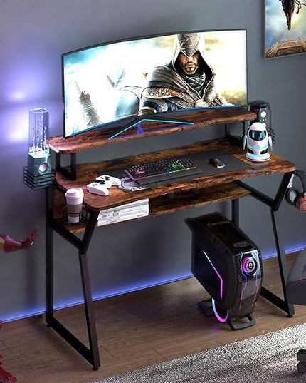 Gaming Desk, Computer Desk with Large Monitor Stand and Open Shelf, PC Laptop Gamer Table Workstation with Cup Holder, Headphone Hook, 2 Speaker Stand for Home Office (Rustic Brown) - LeafyLoom