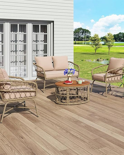 Merax Outdoor Patio Furniture Sets, Bohemia-Inspired Wicker Conversation Seating Group, with Soft Cushions and Wood Tabletop, 4 PCS, Beige - LeafyLoom