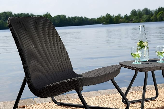 Keter Rio 3 Piece Resin Wicker Patio Furniture Set with Side Table and Outdoor Chairs, Dark Grey - LeafyLoom