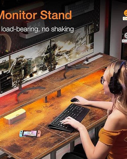 ODK 48 inch Gaming Desk with LED Lights & Power Outlets, Computer Desk with Monitor Stand & Storage Sheves, CPU Stand, Home Office Desk, Vintage - LeafyLoom