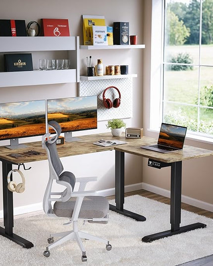 L-Shaped Electric Standing Desk, 63 x 48 Inches Height Adjustable Coner Table, Home Office Computer Workstation, Rustic Brown, 63 x 48 Inch - LeafyLoom