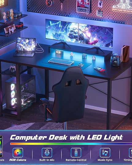 Gaming Desk with Lights & Power Outlets, 39.4' Computer Desk with Shelves, Small Desk for Small Space, Writing Desk with Monitor Stand, Black - LeafyLoom