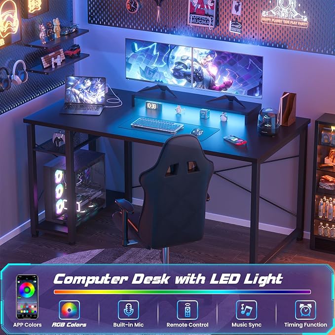 Gaming Desk with Lights & Power Outlets, 39.4' Computer Desk with Shelves, Small Desk for Small Space, Writing Desk with Monitor Stand, Black - LeafyLoom