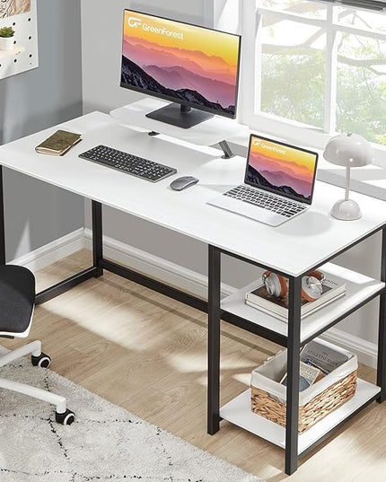 GreenForest Computer Home Office Desk with Monitor Stand and Reversible Storage Shelves,55 inch Modern Simple Writing Study PC Work Table,White - LeafyLoom