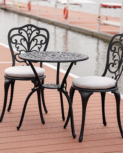 Patio Bistro Set 3 Piece Outdoor, All Weather Bistro Table and Chairs Set of 2 with Umbrella Hole, Outdoor Bistro Set with Cushions, Cast Aluminum Patio Furniture Set for Garden Porch - LeafyLoom