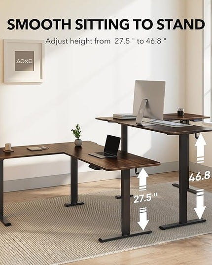 FEZIBO 63" L Shaped Standing Desk Height Adjustable, Electric Stand up Corner Desk, Sit Stand Home Office Desk with Splice Board, Black Frame/Black Walnut Top - LeafyLoom
