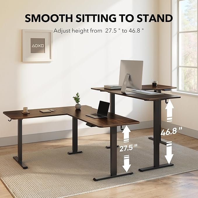 FEZIBO 63" L Shaped Standing Desk Height Adjustable, Electric Stand up Corner Desk, Sit Stand Home Office Desk with Splice Board, Black Frame/Black Walnut Top - LeafyLoom