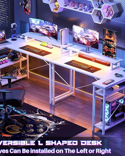 Homieasy L Shaped Gaming Desk with Power Outlet & LED Light, 47 Inch Computer Desk with Storage Shelves, Reversible Corner Desk with Monitor Stand Headset Hooks for Home Office, White - LeafyLoom