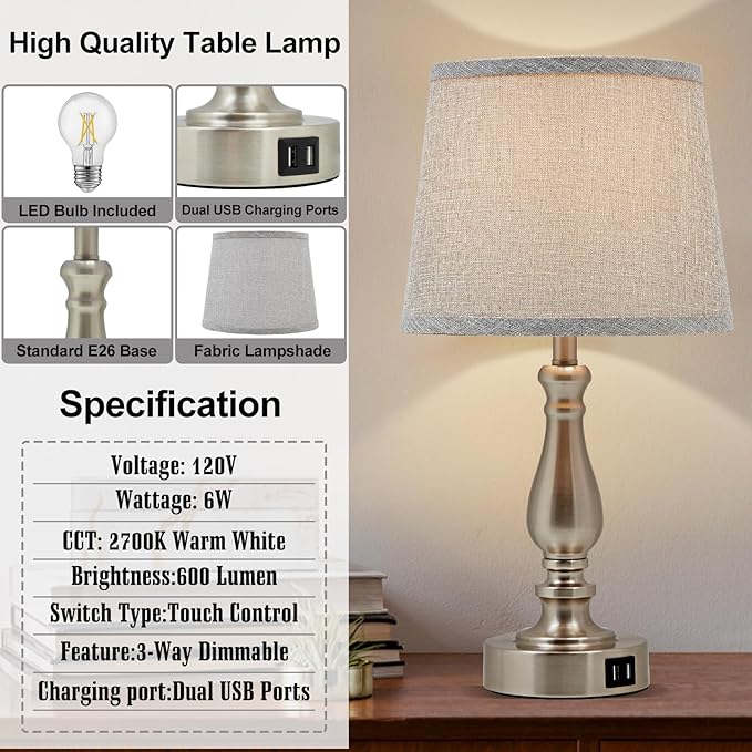 Nightstand Table Lamps for Bedroom Set of 2, Touch Bedside Lamps with Dual USB Ports, 3 Way Dimmable Bedroom Lamps for End Tables, Modern Night Stand Lamps for Living Room Guest Room - LeafyLoom