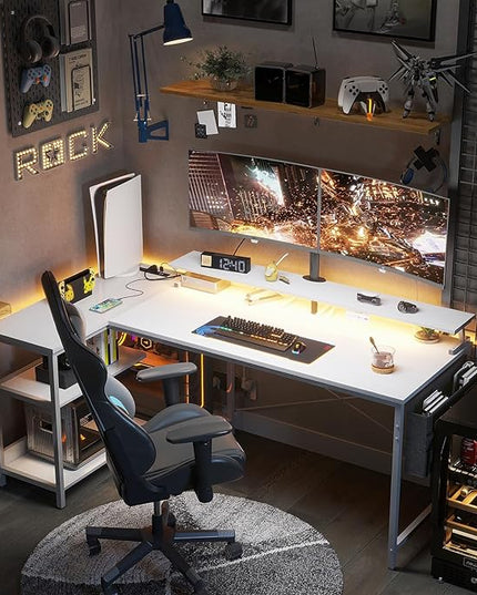 ODK 58 Inch Gaming Desk with USB Charging Ports and LED Lights, Reversible L Shaped Computer Desk with Storage Shelves & Monitor Stand, Corner Home Office Desk Table with Power Outlets, White - LeafyLoom