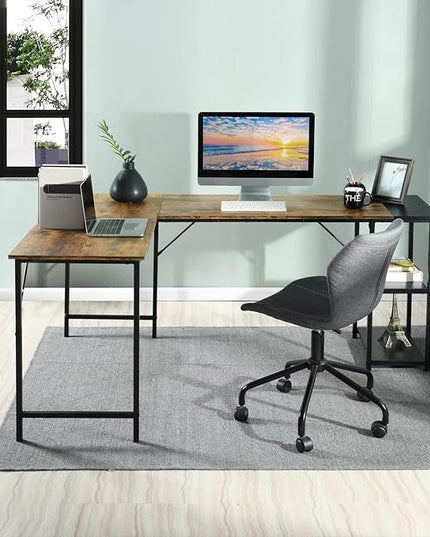 FurnitureR L-Shaped 58.3''Corner Computer Desk with Storage Shelf Long Gaming Desk for Home Office PC Workstation Saving Space Laptop Table (Brown and Black) - LeafyLoom