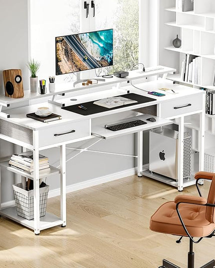ODK Computer Desk with Drawers & Power Outlet, 63 Inch Office Desk with Keyboard Tray & Storage Shelves & PC Stand, Large Office Table Work Desk with Monitor Stand, White - LeafyLoom