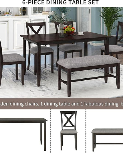 6-Piece Classic Dinette Sets Rectangular Wooden Kitchen Dining Table, 4 Fabric Chairs & Bench, for Diningroom Living Room, Easy to Assemble, Espresso 4 - LeafyLoom