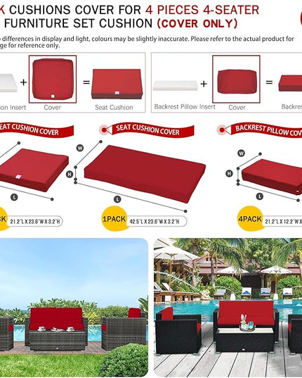 ClawsCover 7Pack Outdoor Seat and Back Cushions Replacement Covers Fits for 4-Seater 4Pieces Wicker Rattan Patio Conversation Set Sectional Couch Chair Furniture,Red-Include Cover Only - LeafyLoom