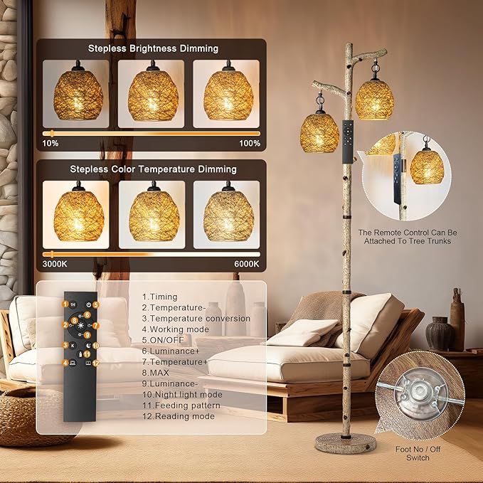 68.5" Rustic Farmhouse Remote Control Switch Birch Tree Floor lamp with Bird Nest Lantern Shade Vintage Standing Lamp for Living Room Bedroom Hotel Bar Office Wood House(LED Bulb Included) - LeafyLoom