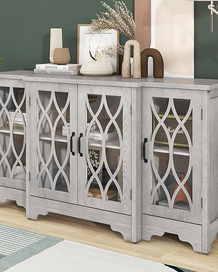 58" Retro Sideboard Glass Door with Curved Line Design,Wood Ample Storage Cabinet,W/Black Handle and Three Adjustable Shelves,for Dining Living Room Entryway,Antique White - LeafyLoom