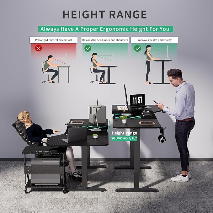 Standing Adjustable Desk, 63 inches L Shaped Electric Standing Gaming Desk with Locking Wheels, Cup Holder, Headphone Hook, Cable Manager, Mouse pad, Carbon Fiber Textured Pane - LeafyLoom