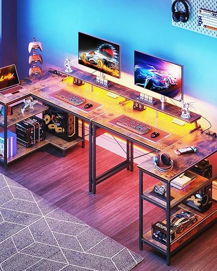 ODK 40 Inch Gaming Desk with USB Charging Ports and LED Lights, Reversible L Shaped Computer Desk with Storage Shelves & Monitor Stand, Corner Home Office Desk Table with Power Outlets, Vintage - LeafyLoom