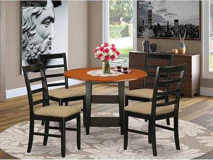 East West Furniture SUPF5-BCH-C 5 Piece Kitchen Set Includes a Round Table with Dropleaf & Shelves and 4 Linen Fabric Dining Room Chairs, 42x42 Inch, Black & Cherry - LeafyLoom