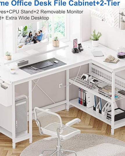 L Shaped Computer Desk with Power Outlets & LED Light, 49.6" Reversible Corner Computer Desk with Storage Shelves & Monitor Stand, Home Office Desk, Gaming Desk, Writing Desk (White) - LeafyLoom