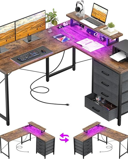 Homieasy L Shaped Desk with Drawers & Power Outlets, Reversible Computer Desk with LED Light and Monitor Stand, 50 Inch Home Office Gaming Work Study Desk with 4 Storage Drawers, Rustic Brown - LeafyLoom