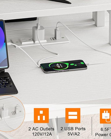 Furologee White Gaming Desk with Charging Station and LED Lights, 55" Office Computer Desk with Reversible Shelves and Fabric Drawer, Study Table with Monitor Stand and 2 Hooks for Home Office - LeafyLoom