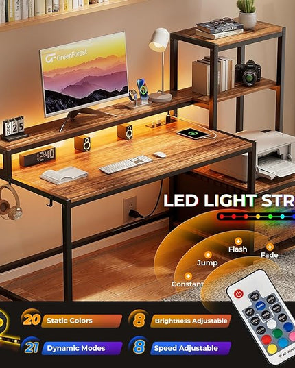 GreenForest Computer Desk with Drawer and Printer Shelf, 68.8 inch Home Office Desk with LED Lights and Power Outlets, Desk with Storage for Study Gaming Working, Walnut - LeafyLoom