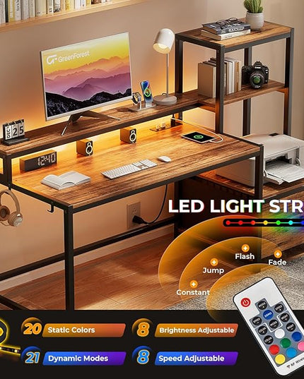 GreenForest Computer Desk with Drawer and Printer Shelf, 59 inch Home Office Desk with LED Lights and Power Outlets, Desk with Storage for Study Gaming Working, Walnut - LeafyLoom