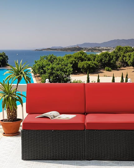 Greesum 2 Piece Patio Conversation Set Wicker Rattan Furniture Outdoor Sofa with Cushions,Pillows and Glass Table for Porch,Lawn and Yard, Red - LeafyLoom