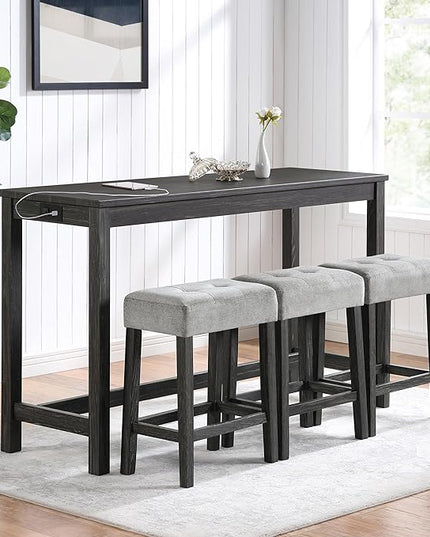 ManyStars Power 3 Upholstered Stools, Industrial Breakfast Dining, Living, Play Room,Black+ Gray, 4-Piece Bar Table Set with Outlet - LeafyLoom