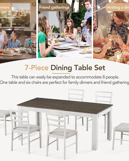 7 Piece Modern Wooden Dining Set, Include Multifunctional Extendable Table with 12” Leaf and 2 Drawers & 6 Soft Cushion Chairs, for Diningroom, Living Room, Brown+White-1 - LeafyLoom