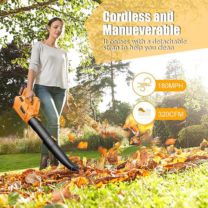 Leaf Blower - 320CFM 180MPH 21V Leaf Blower Cordless with 2 X 5.0 Ah Battery & Charger, Electric Leaf Blower Battery Powered Leaf Blower Lightweight for Snow Blowing & Lawn Care Yard Cleaning - LeafyLoom