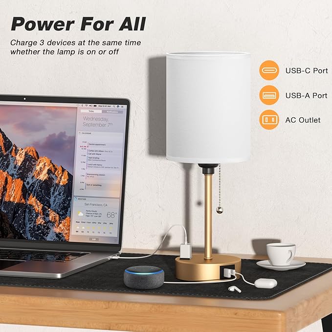 Dicoool Small Bedside Lamps 3 Color Modes - 2700K 3500K 5000K Bedroom Lamps with USB C and A Ports, Pull Chain Gold Table Lamps with AC Outlet, Nightstand Lamps with Gold Metal Base for Kids Reading - LeafyLoom