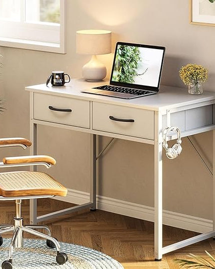 ODK Small Desk with Fabric Drawers- for Bedroom, White Vanity Desk with Storage, Home Office Computer Desk for Small Spaces, 32 Inch Modern Work Writing Study Table, White - LeafyLoom