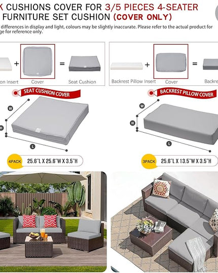 ClawsCover 7Pack Outdoor Seat and Back Cushions Replacement Covers Fit for 3/5 Pieces 4-Seater Wicker Rattan Patio Furniture Conversation Set Sectional Couch,Gray-Large(Include Cover Only) - LeafyLoom