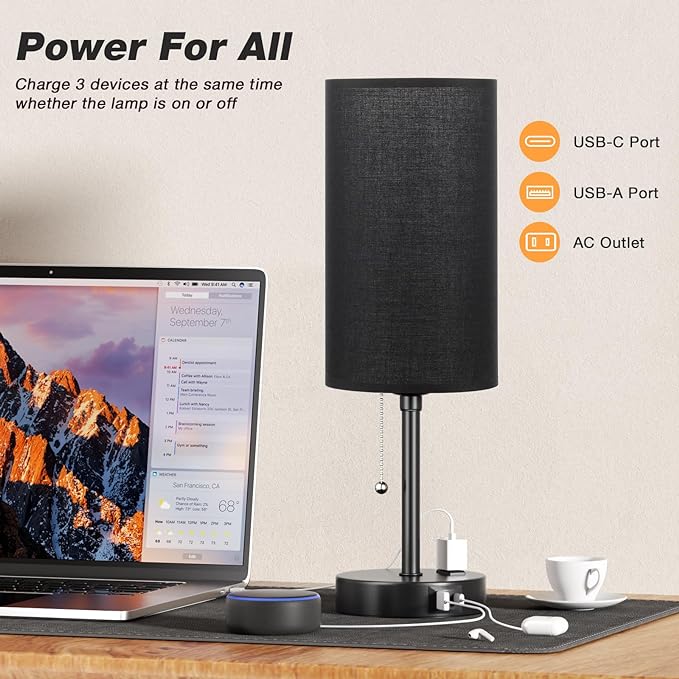 Dicoool 18Inch Tall Bedroom Lamps with USB C and A Ports 3 Color Temperatures - Pull Chain Black Nightstand Bedside Table Lamp with AC Outlet, Side Lamp for Living Room End Table - LeafyLoom