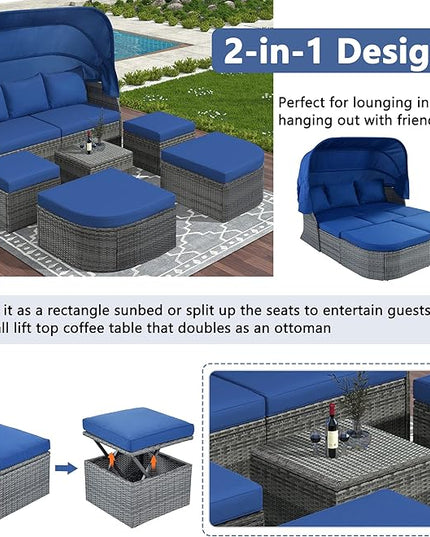 Rectangle Furniture Daybed Sunbed with Retractable Canopy, Outdoor Wicker Conversation Set with Cushions for Patio, Backyard, Porch, Garden, Onesize, Bb-Blue - LeafyLoom
