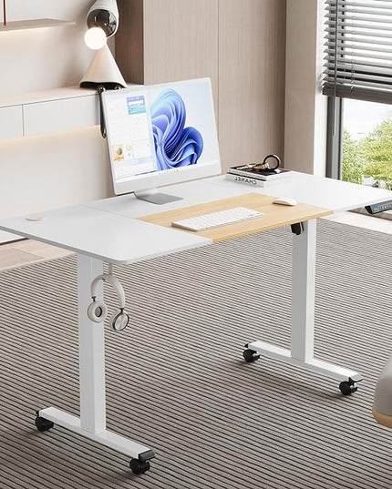 MOUNTUP 55x28 Inches Electric Height Adjustable Standing Desk, Sit Stand Desk with Memory Controller, Ergonomic Stand Up Desk for Home Office with Splice Board, White+Oak - LeafyLoom