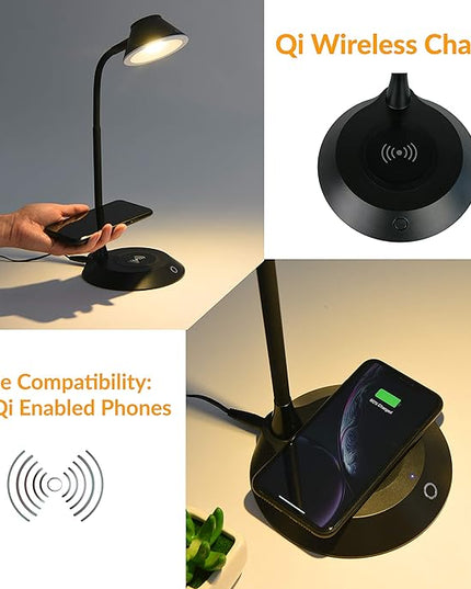 DAC Desk Lamp Wireless Charger – for iPhone 11, X, 8, Galaxy S20, S10, S9, S8, S7 and All Qi-Enabled Devices - 3 Brightness Levels - Flexible Gooseneck LED Lamp - Desk Light for Office – Black - LeafyLoom