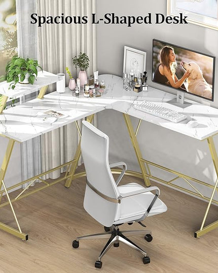 Mr IRONSTONE L Shaped Desk Computer Corner Desk, Home Gaming Desk, Office Writing Workstation with Large Monitor Stand, Easy to Assemble (White,51 Inch) - LeafyLoom